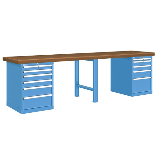 [026143] Banco de trabajo estándar - Dim.: 3000x750x850h mm - Encimera DM, 1 pata, 2 armarios con cajones - Azul ral 5012