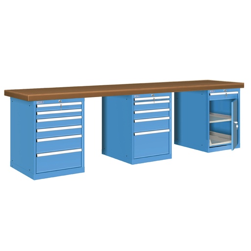 [026145] Banco de trabajo estándar - Dim.: 3000x750x850h mm - Encimera DM, 3 armarios con cajones - Azul ral 5012