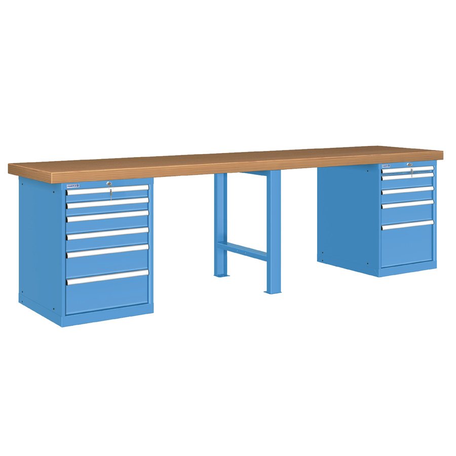 [026147] Banco de trabajo estándar - Dim.: 3000x750x850h mm - Encimera Multiplex, 1 pata, 2 armarios con cajones - Azul ral 5012