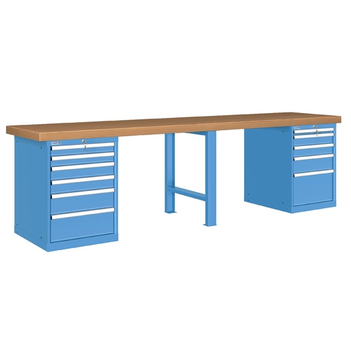 [026147] Banco de trabajo estándar - Dim.: 3000x750x850h mm - Encimera Multiplex, 1 pata, 2 armarios con cajones - Azul ral 5012
