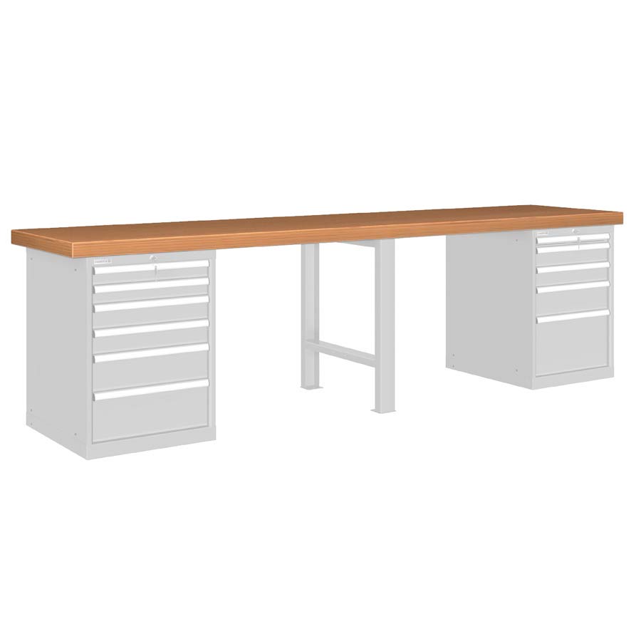 [026148] Banco de trabajo estándar - Dim.: 3000x750x850h mm - Encimera Multiplex, 1 pata, 2 armarios con cajones - Gris ral 7035