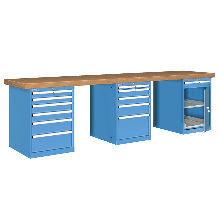 [026149] Banco de trabajo estándar - Dim.: 3000x750x850h mm - Encimera Multiplex, 3 armarios con cajones - Azul ral 5012