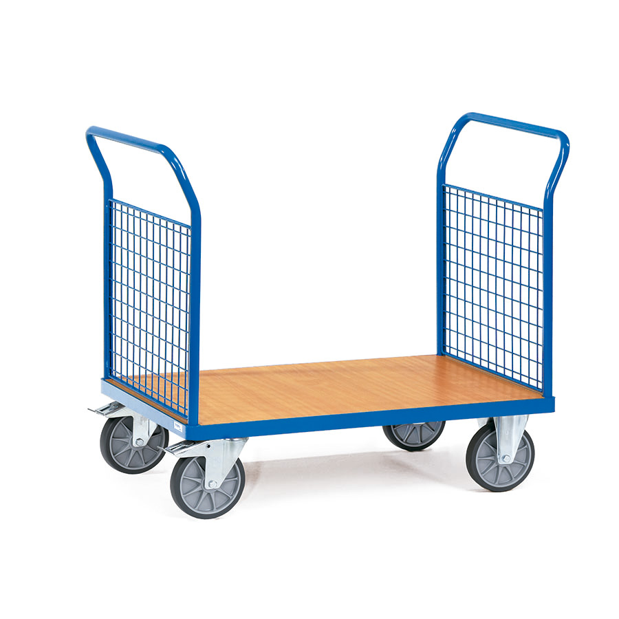 [039126] Carro de plataforma de madera con 2 paredes frontales de malla - Dim. plataforma de madera 850 x 500 mm - Azul Ral 5007