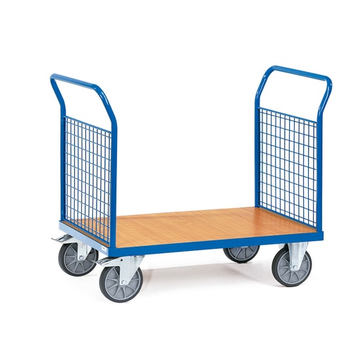 [039126] Carro de plataforma de madera con 2 paredes frontales de malla - Dim. plataforma de madera 850 x 500 mm - Azul Ral 5007