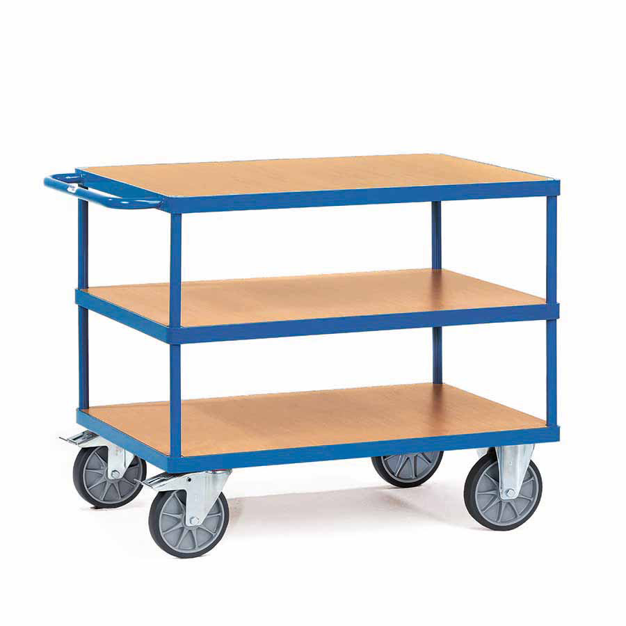 [039182] Carro de transporte para taller con 3 estantes fijos de madera - Dim. plataforma 850 x 500 mm - Azul ral 5007