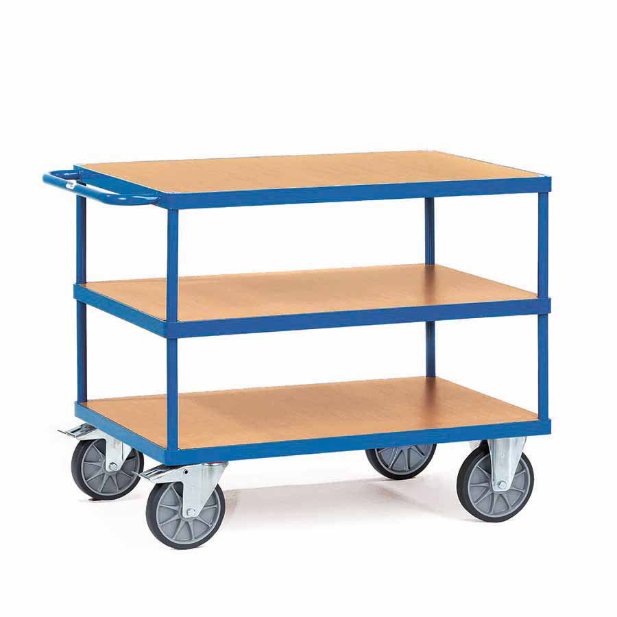 [039184] Carro de transporte para taller con 3 estantes fijos de madera - Dim. plataforma 1.000 x 700 mm - Azul ral 5007