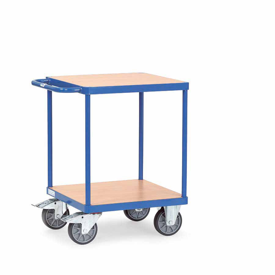 [039186] Carro de transporte para taller con 2 estantes fijos de madera - Dim. plataforma 600 x 600 mm - Azul ral 5007