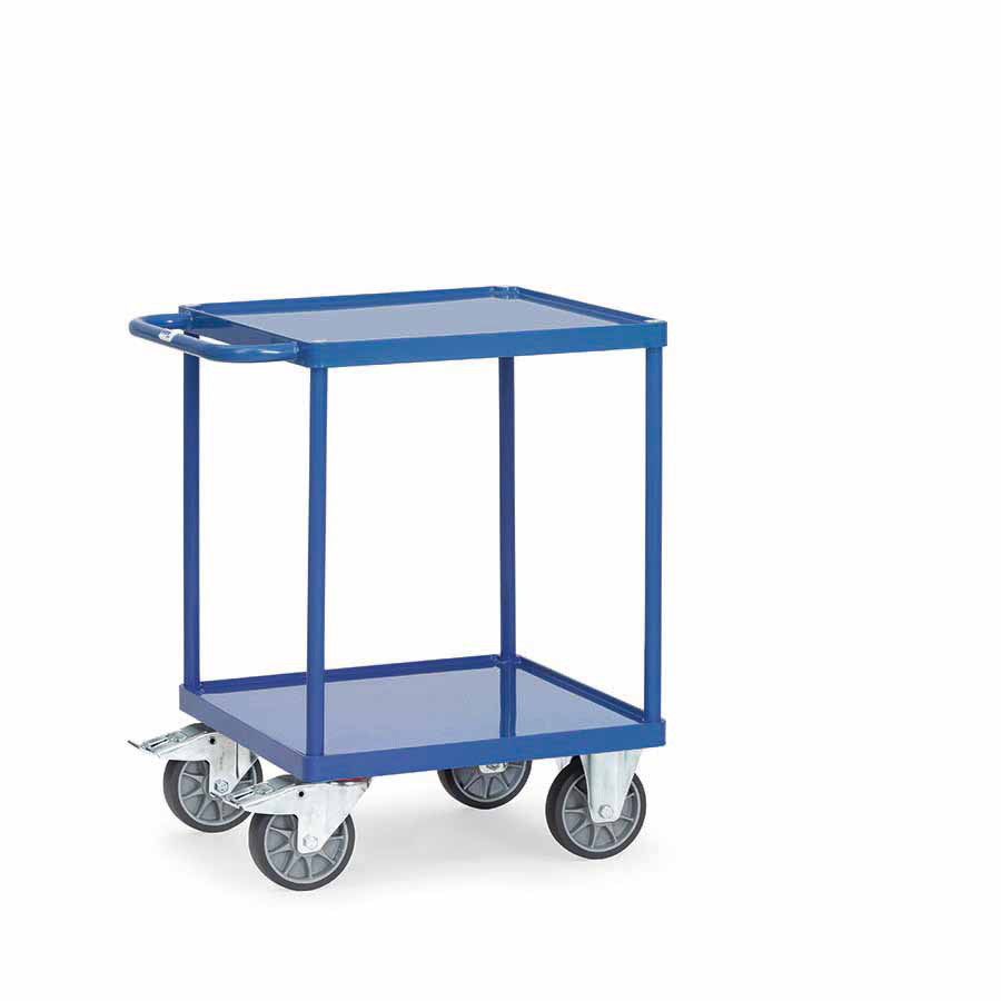 [039188] Carro de transporte para taller con 2 estantes fijos de acero con rebordes - Dim. plataforma 600x600 mm - Azul ral 5007