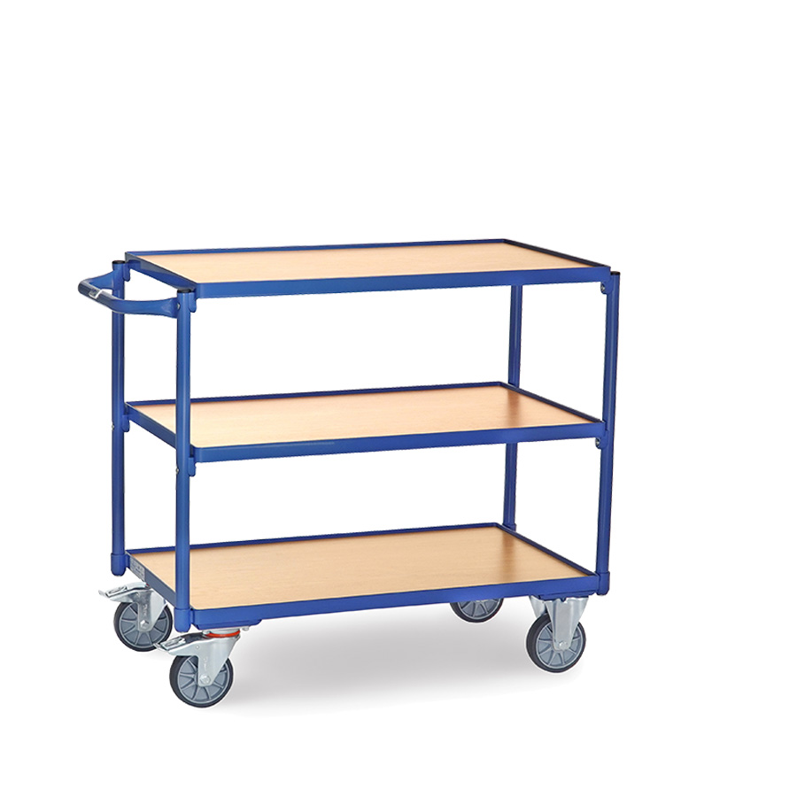 [039191] Carro de transporte para taller con 3 estantes fijos de madera - Dim. plataforma 850 x 500 mm - Azul ral 5007