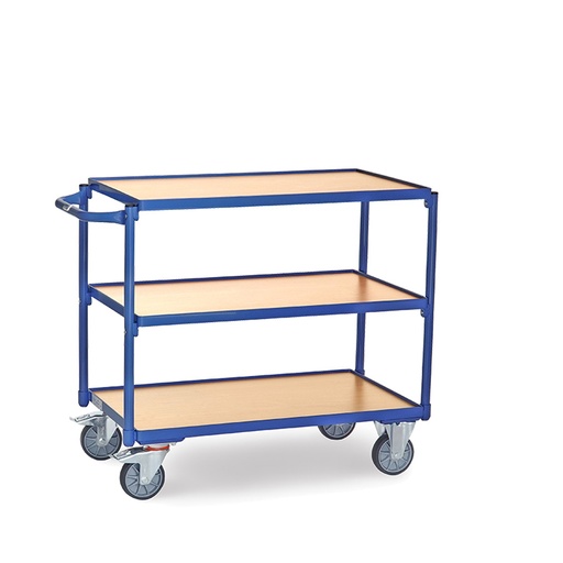 [039191] Carro de transporte para taller con 3 estantes fijos de madera - Dim. plataforma 850 x 500 mm - Azul ral 5007