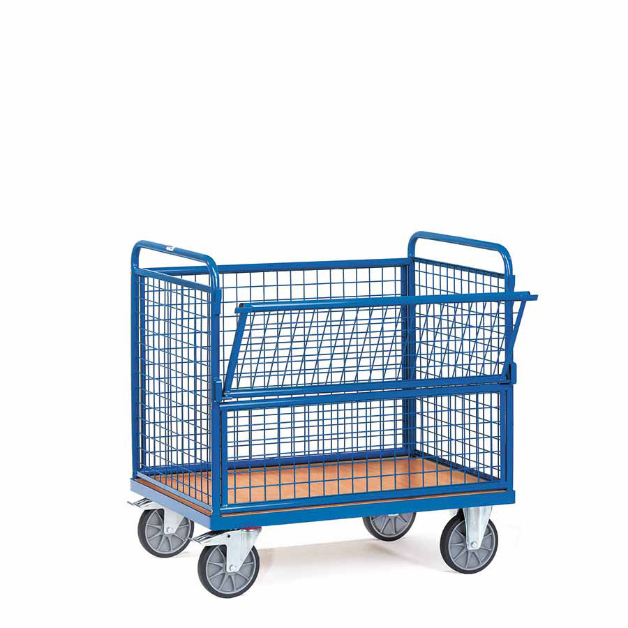 [039225] Carro protegido con paredes de malla y 1 puerta batiente - Dim. plataforma 1.000 x 700 mm - Azul ral 5007
