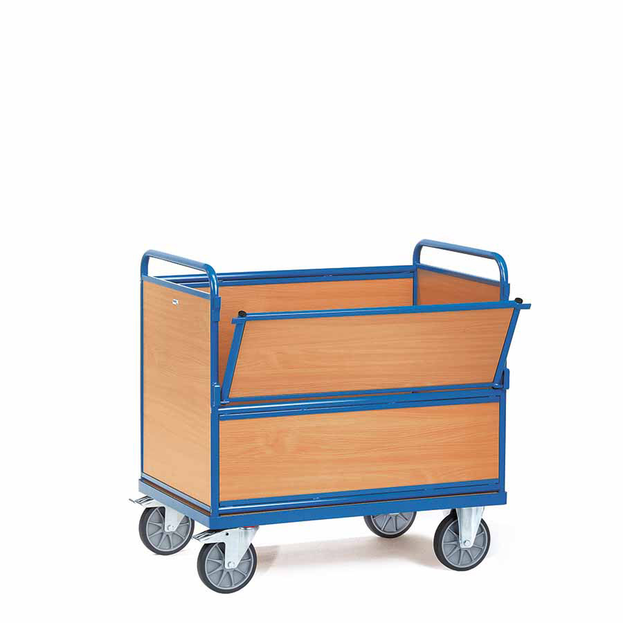 [039232] Carro protegido con paredes de madera y 1 puerta batiente - Dim. plataforma 1.000 x 700 mm - Azul ral 5007