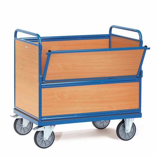 [039232] Carro protegido con paredes de madera y 1 puerta batiente - Dim. plataforma 1.000 x 700 mm - Azul ral 5007