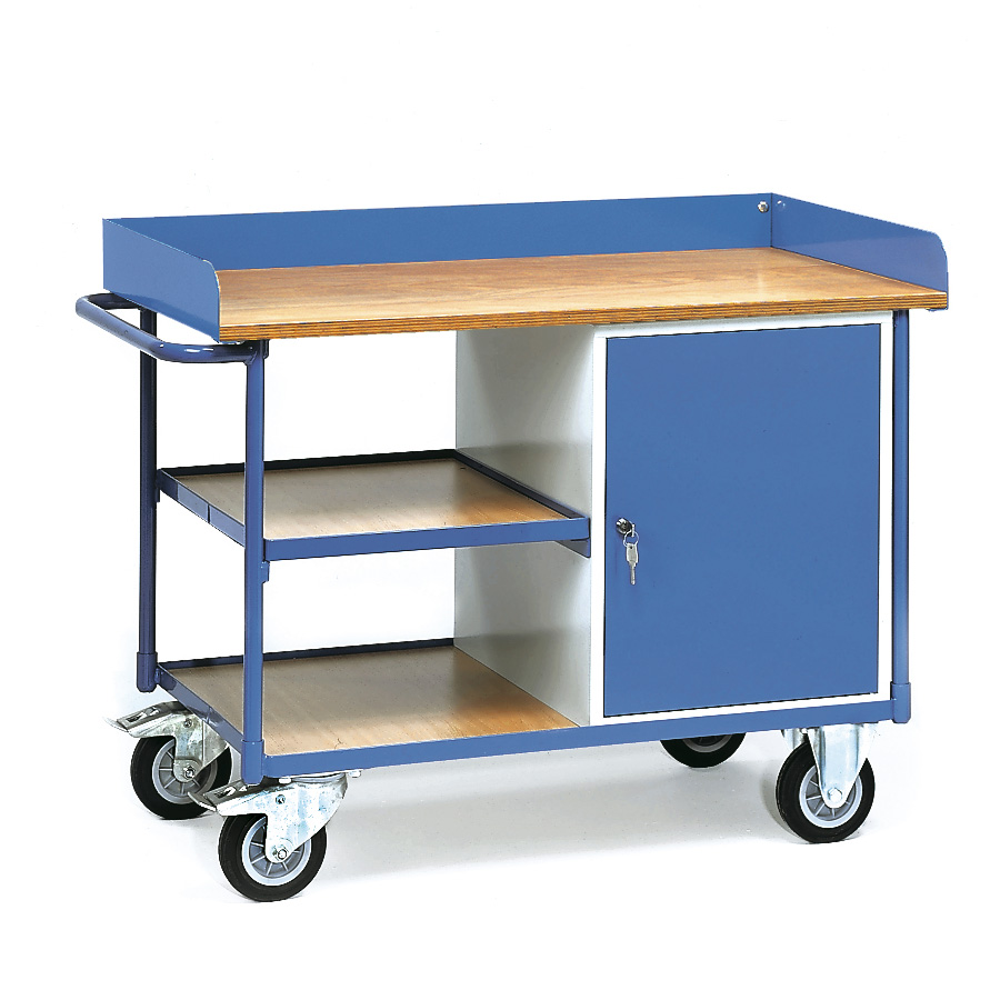 [039254] Carro de taller para herramientas con armario, estante y reborde superior - Dim. plataforma 1.120x650 mm - Gris ral 7035 y Azul ral 5007