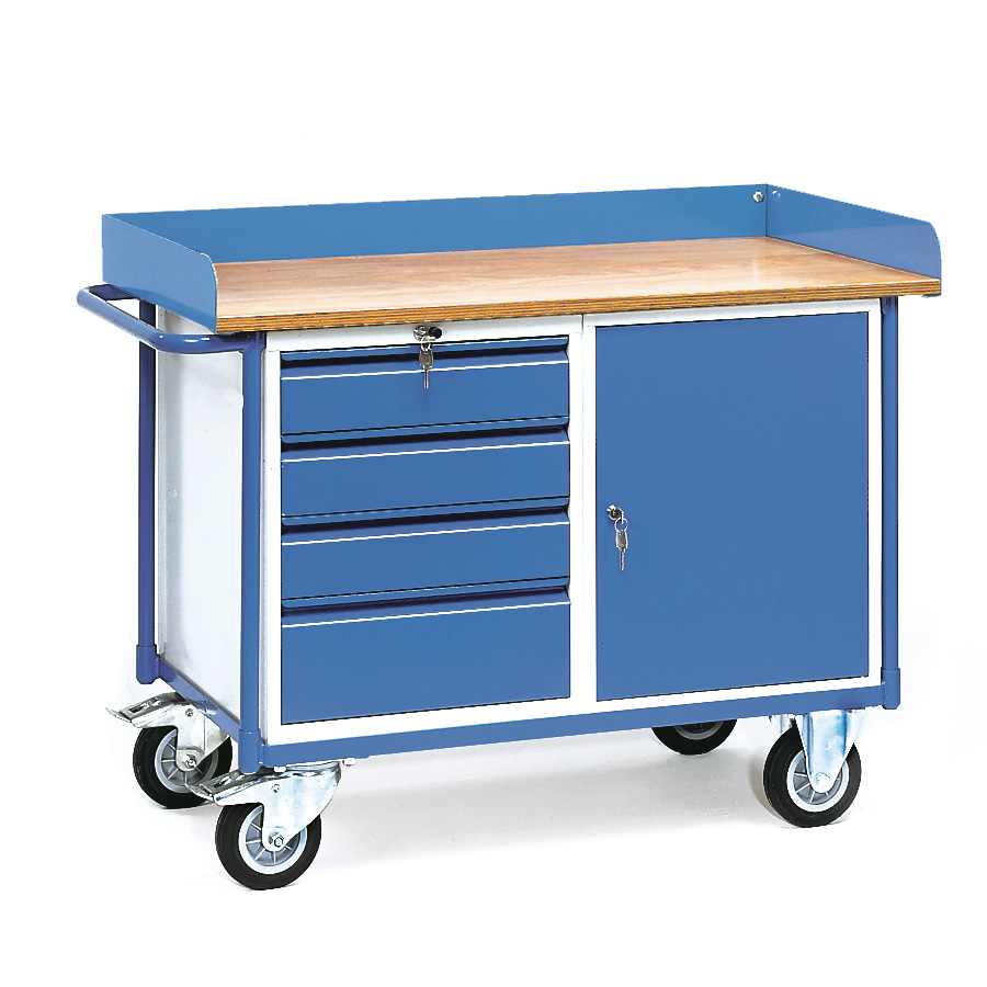 [039260] Carro de taller para herramientas con armario, cajones y reborde superior - Dim. plataforma 1.120x650 mm - Gris ral 7035 y Azul ral 5007