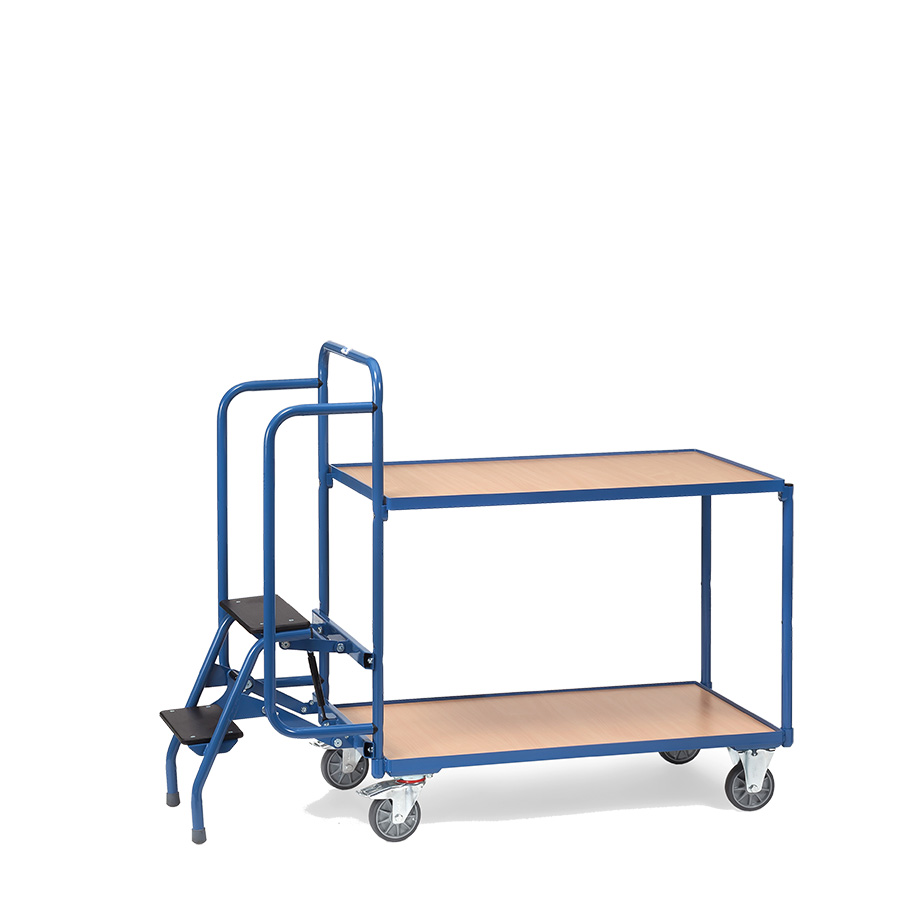 [039270] Carro de acero para picking con escalera y 2 estantes - Dim. plataforma: 1000x600 mm - Azul ral 5007
