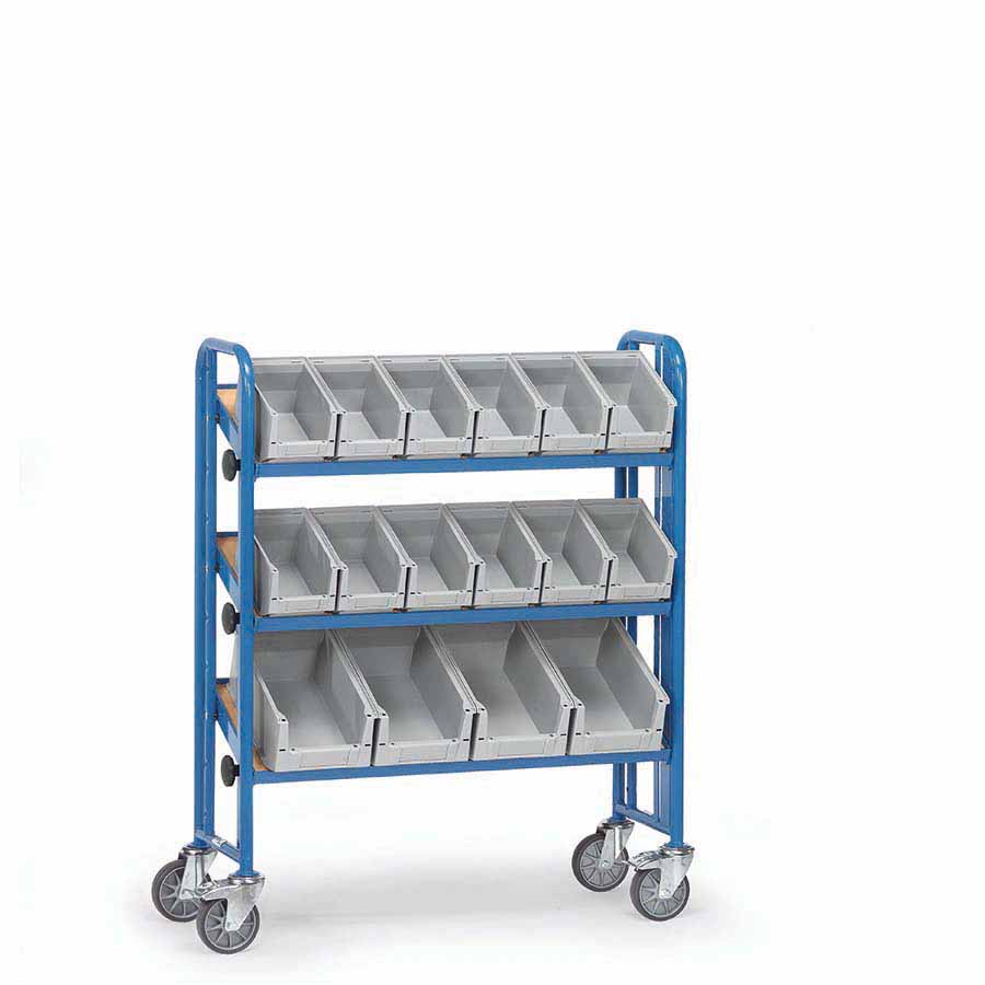 [039449] Carro porta cajas Eurobox con estante de madera (con cajas) - Dim. plataforma 900 x 315 mm - Azul ral 5007