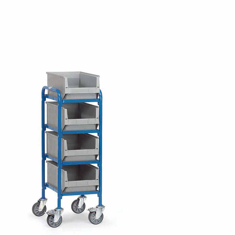 [039455] Carro porta cajas Eurobox con estante de madera (con cajas) - Dim. plataforma 320 x 470 mm - Azul ral 5007