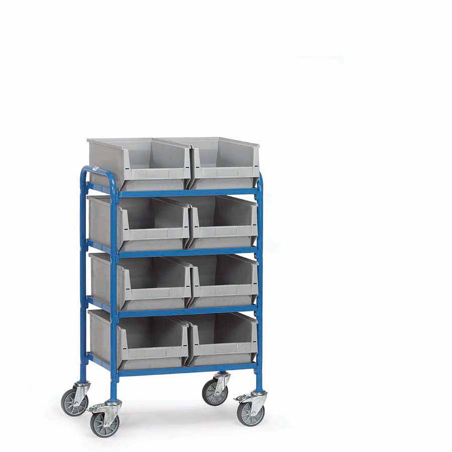 [039457] Carro porta cajas Eurobox con estante de madera (con cajas) - Dim. plataforma 630 x 470 mm - Azul ral 5007