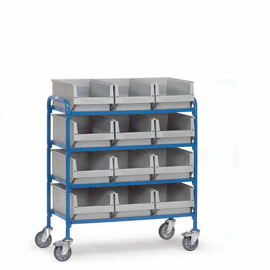 [039459] Carro porta cajas Eurobox con estante de madera (con cajas) - Dim. plataforma 940 x 470 mm - Azul ral 5007