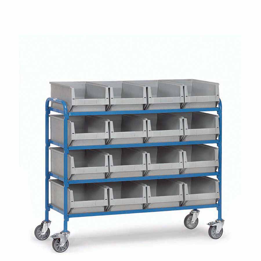 [039460] Carro porta cajas Eurobox con estante de madera (con cajas) - Dim. plataforma 1250 x 470 mm - Azul ral 5007