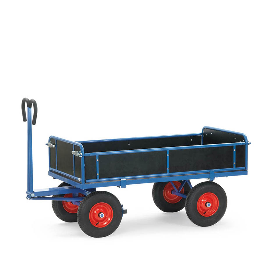 [039519] Remolque de mano para uso industrial y jardinería con paredes de madera - Dim. plataforma 1200x800 mm - Azul ral 5007