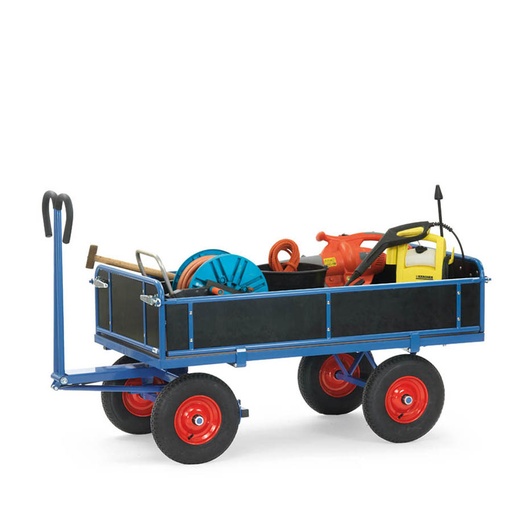 [039519] Remolque de mano para uso industrial y jardinería con paredes de madera - Dim. plataforma 1200x800 mm - Azul ral 5007