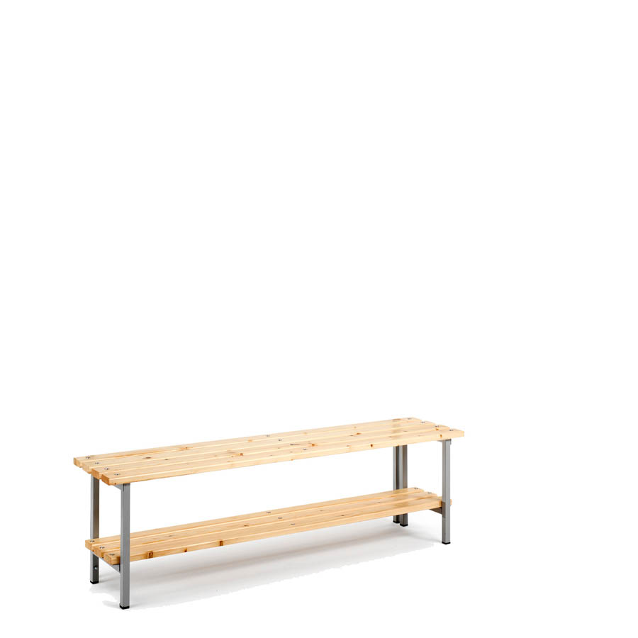[039880] Banqueta para vestuario de acero con asiento de madera y estante inferior - Dim.: 1500x340x440h mm - Gris Ral 7035