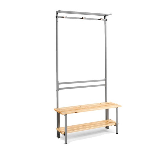 [039882] Banqueta para vestuario de acero con asiento de madera, estante inferior y perchero integrado - Dim.: 1000x370x1880h mm - Gris Ral 7035