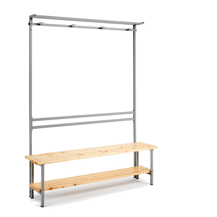 [039883] Banqueta para vestuario de acero con asiento de madera, estante inferior y perchero integrado - Dim.: 1500x370x1880h mm - Gris Ral 7035