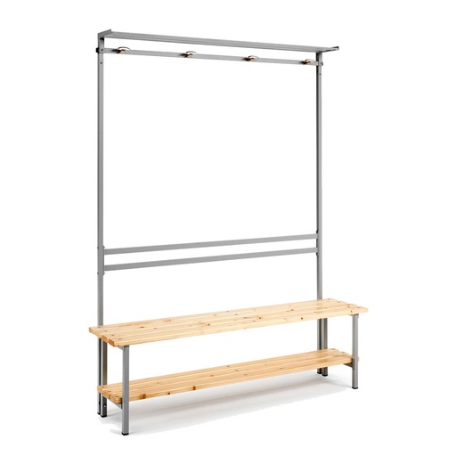 [039883] Banqueta para vestuario de acero con asiento de madera, estante inferior y perchero integrado - Dim.: 1500x370x1880h mm - Gris Ral 7035