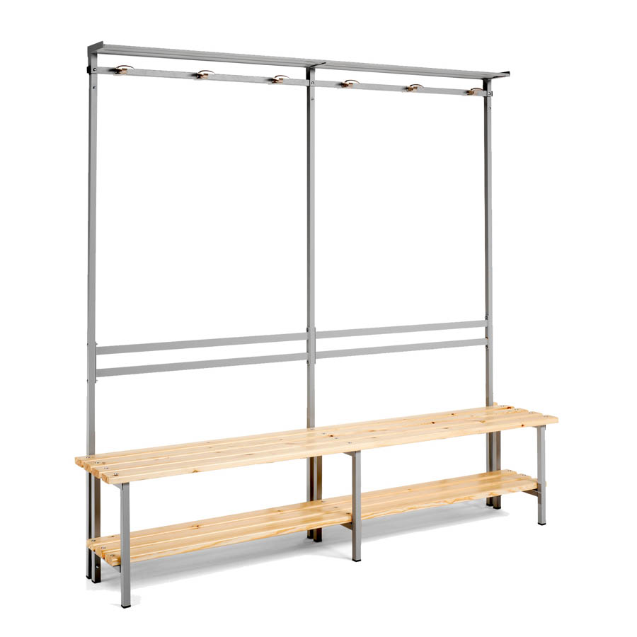 [039884] Banqueta para vestuario de acero con asiento de madera, estante inferior y perchero integrado - Dim.: 2000x370x1880h mm - Gris Ral 7035