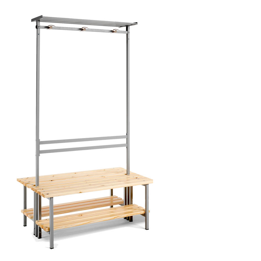 [039885] Banqueta para vestuario de acero a dos caras con asiento de madera, estante inferior y perchero integrado - Dim.: 1000x710x1880h mm - Gris Ral 7035