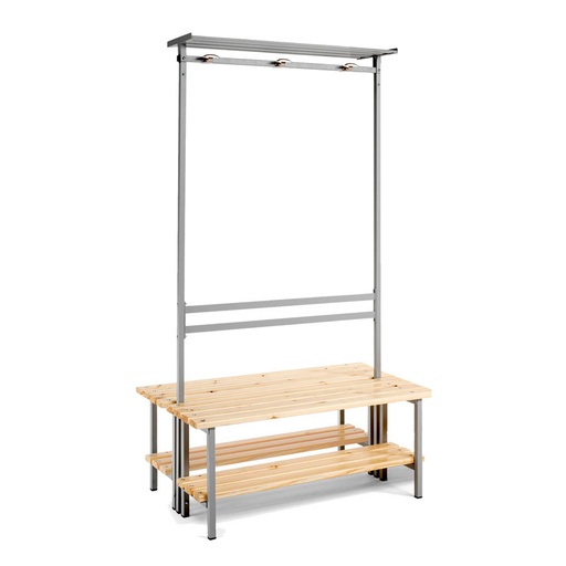 [039885] Banqueta para vestuario de acero a dos caras con asiento de madera, estante inferior y perchero integrado - Dim.: 1000x710x1880h mm - Gris Ral 7035