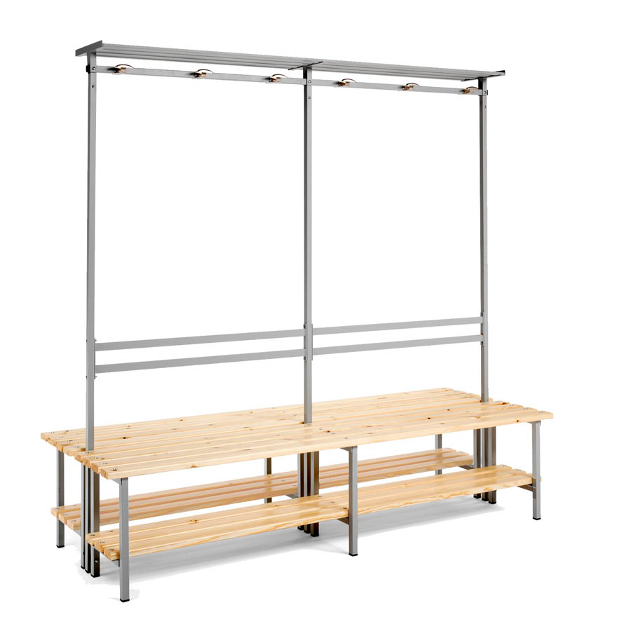 [039887] Banqueta para vestuario de acero a dos caras con asiento de madera, estante inferior y perchero integrado - Dim.: 2000x710x1880h mm - Gris Ral 7035