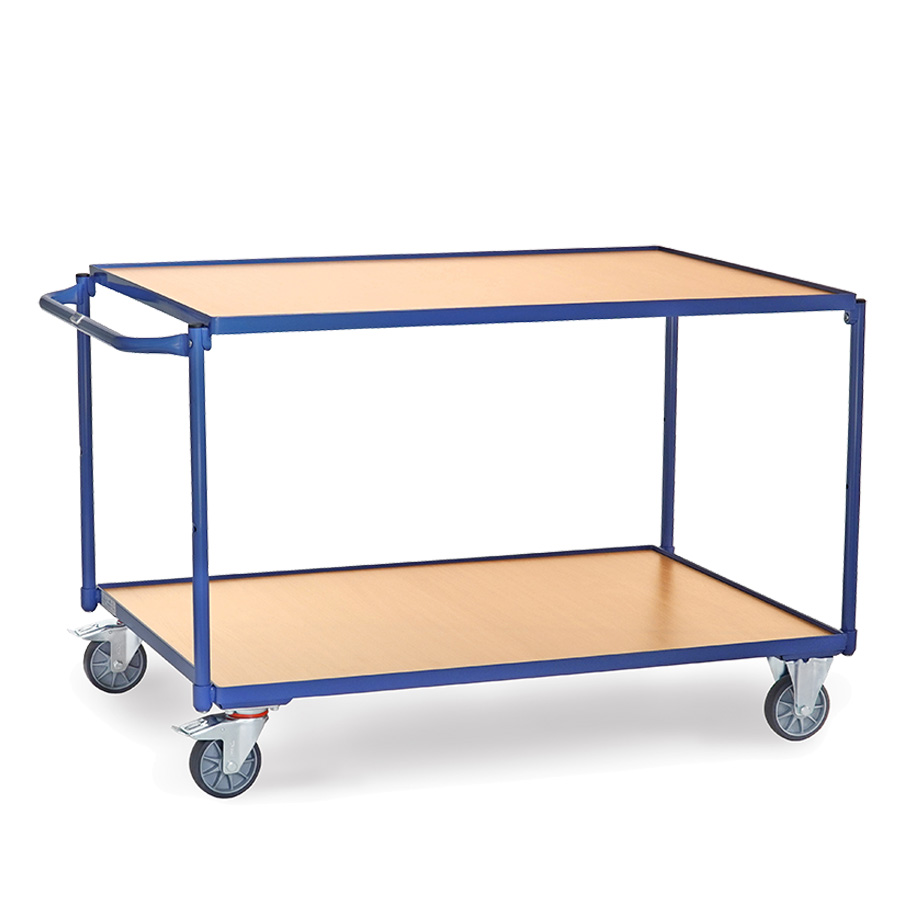 [039952] Carro de transporte para taller con 2 estantes fijos de madera - Dim. plataforma 1.200 x 800 mm - Azul ral 5007